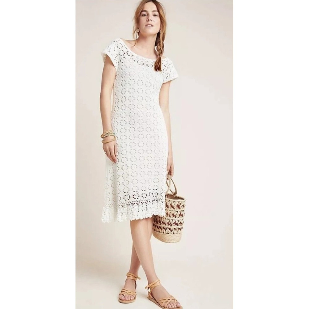 Anthropologie Britannia Crochet Midi Dress Ivory Size Small Lined Cottagecore